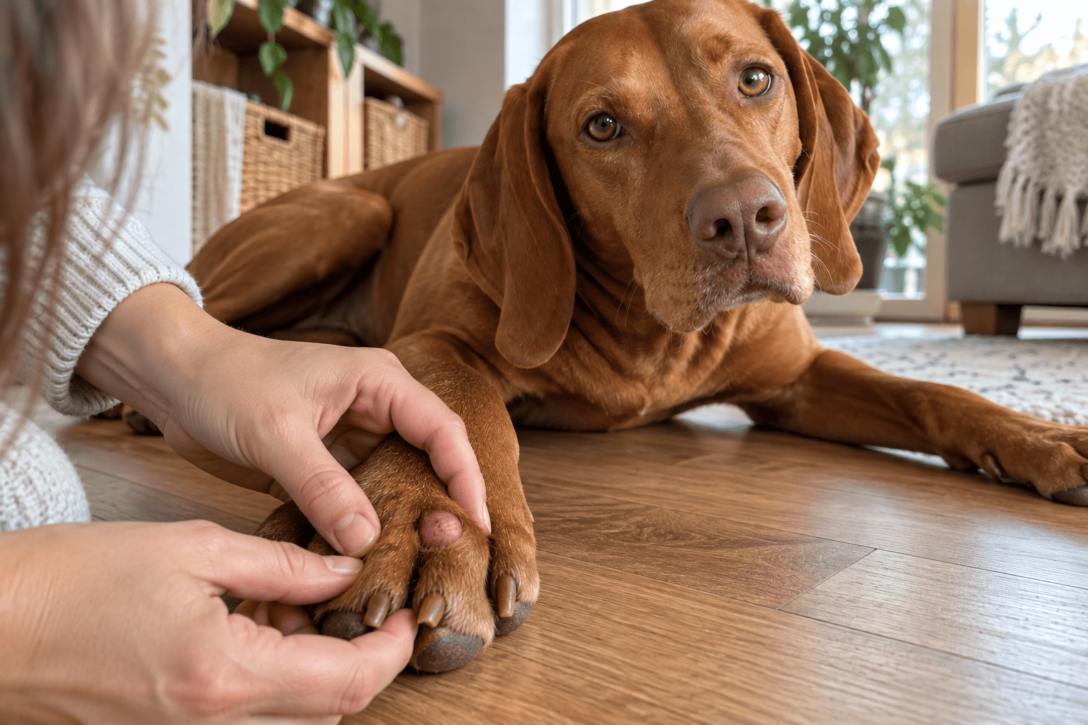 Maďarská vyžla s opuchom medzi prstami pred veterinárnym vyšetrením